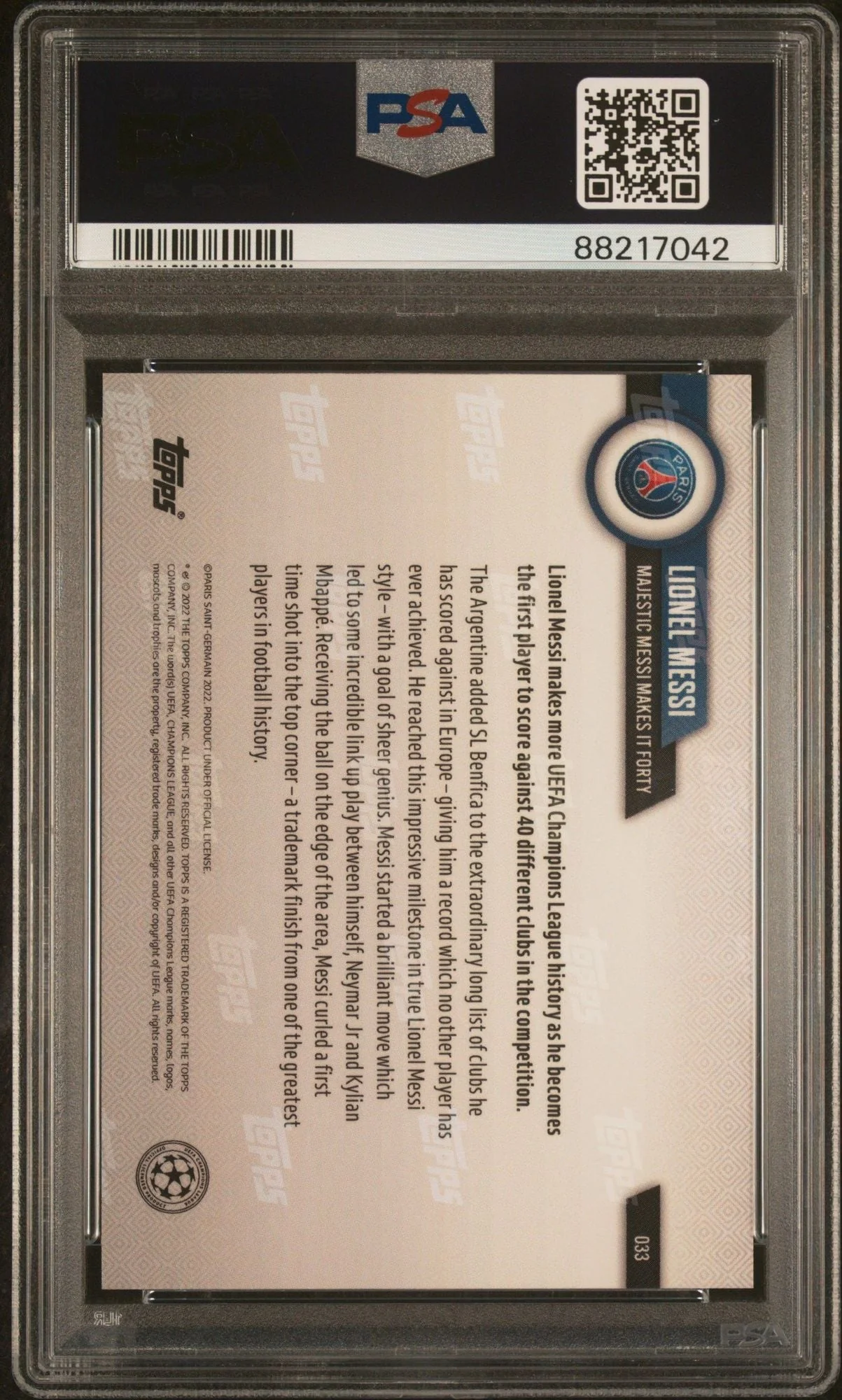 Graded 2022 Topps Now UCL Lionel Messi #33 UEFA Champions League Soccer Card PSA 10 Gem Mint - Image 2