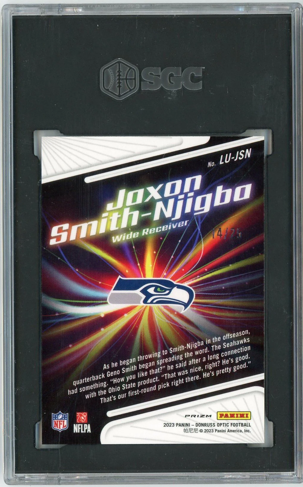 Graded 2023 Panini Donruss Optic Jaxon Smith Njigba #LUJSN Light It Up Purple Stars Prizm /25 Rookie RC Football Card SGC 10 Gem Mint - Image 2