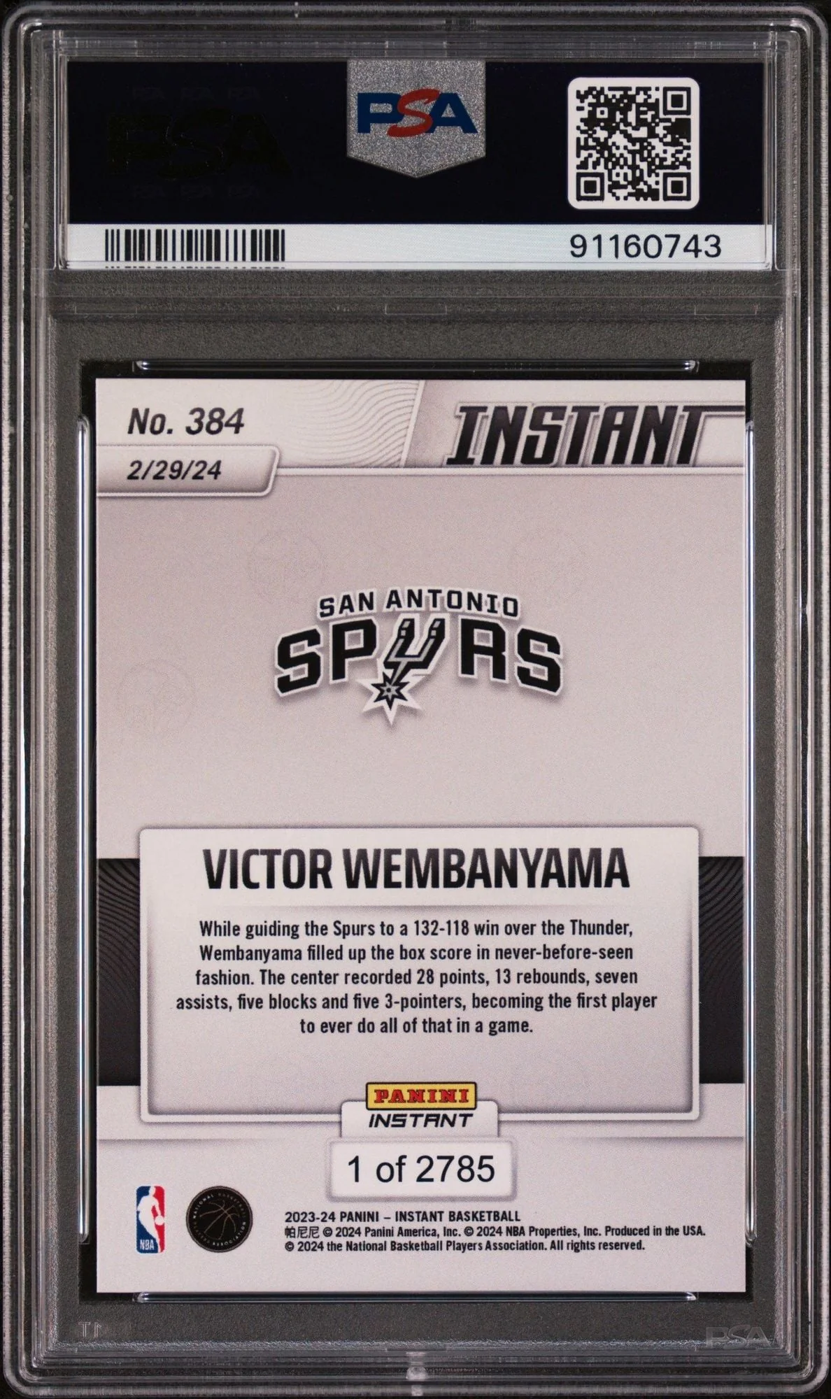 Graded 2023 Panini Instant Victor Wembanyama #384 Enters League of His Own Rookie RC Basketball Card PSA 10 Gem Mint - Image 2