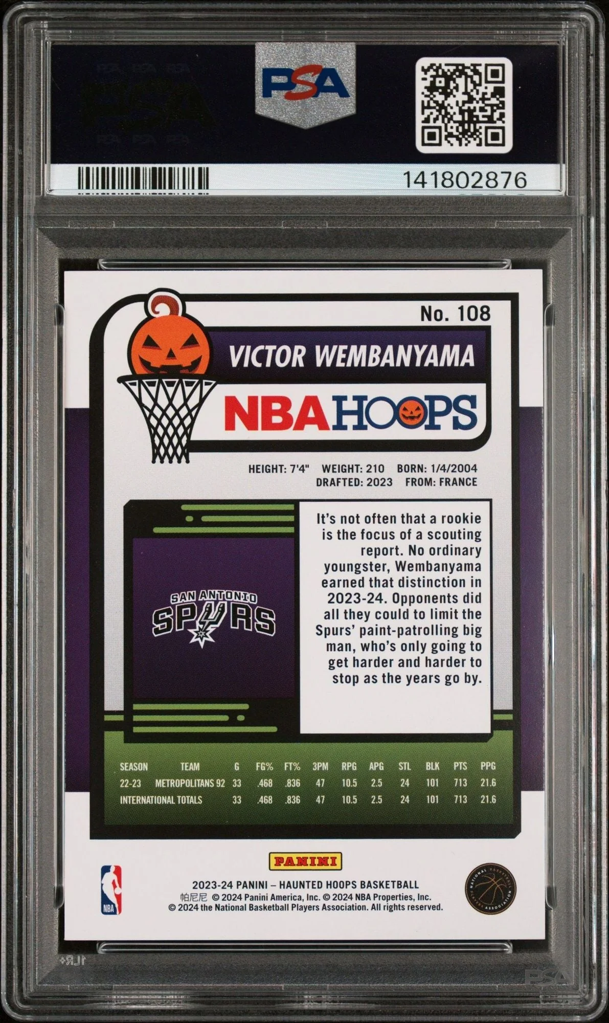 Graded 2023 Panini NBA Haunted Hoops Victor Wembanyama #108 Rookie RC Basketball Card PSA 10 Gem Mint - Image 2