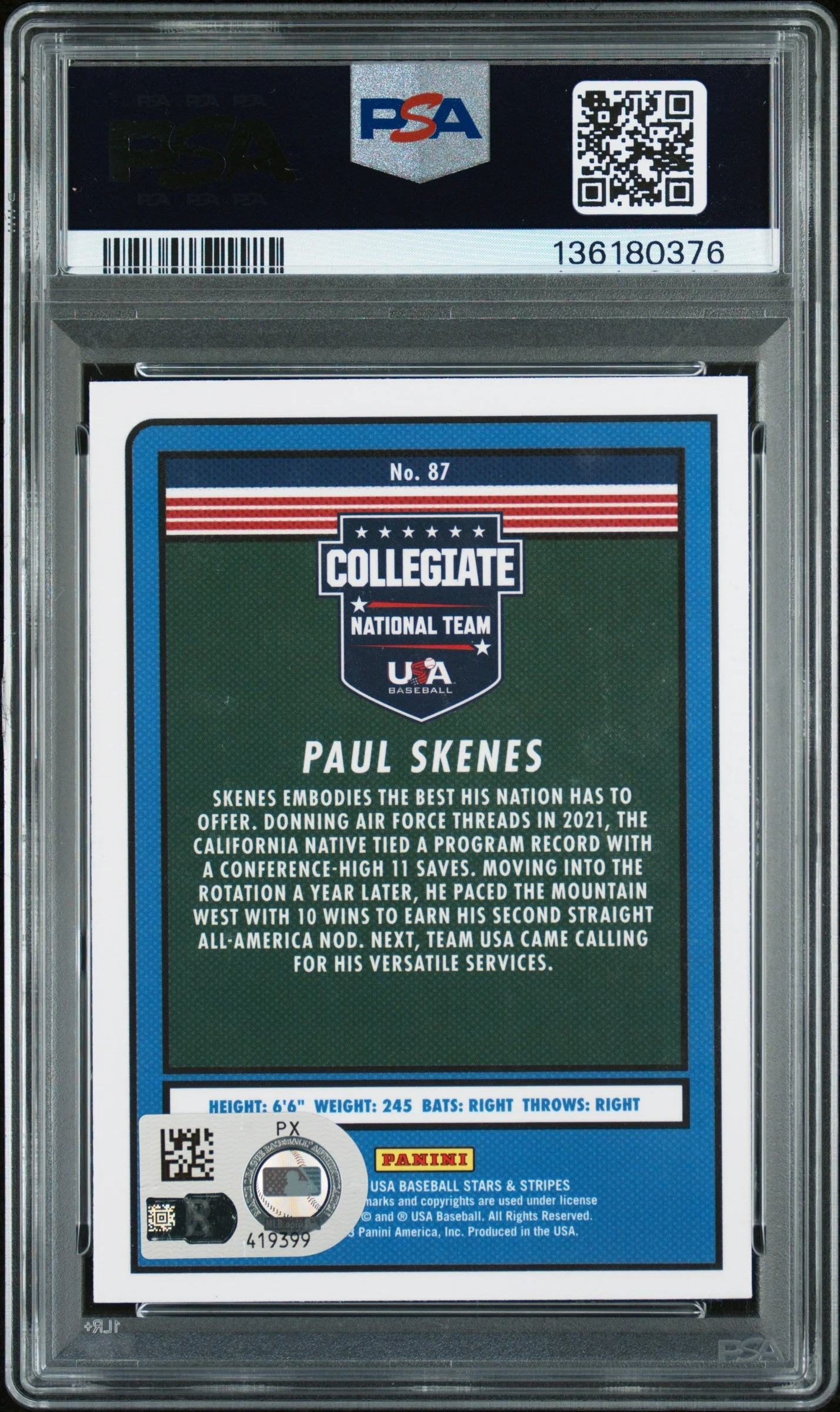 Graded 2023 Panini Stars & Stripes USA Paul Skenes #87 Rookie RC Baseball Card PSA Authentic Auto - Image 2