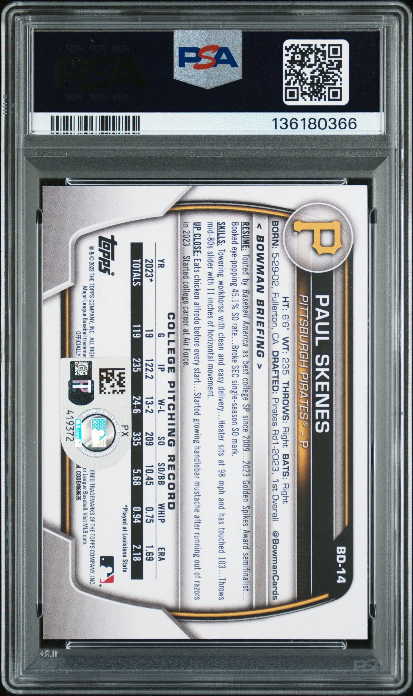 Graded 2023 Topps Bowman Draft Paul Skenes #BD14 Rookie RC Baseball Card PSA Authentic Auto - Image 2
