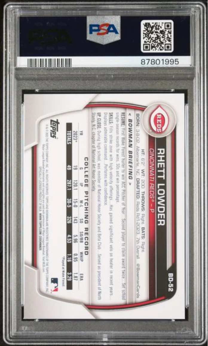 Graded 2023 Topps Bowman Draft Rhett Lowder #BD52 Rookie RC Baseball Card PSA 10 Gem Mint - Image 2