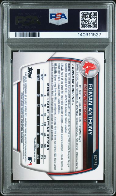 Graded 2023 Topps Bowman Roman Anthony #BCP71 /250 Chrome Prospects Purple Refractor Rookie RC Baseball Card PSA 9 Mint - Image 2