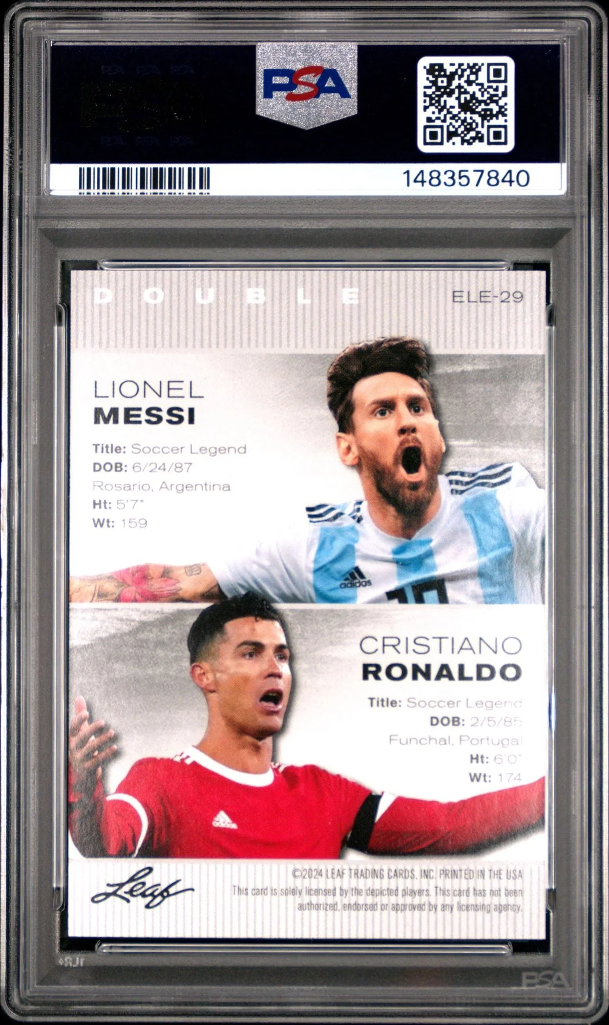 Graded 2024 Leaf Special Release Lionel Messi Cristiano Ronaldo #ELE29 Exclusive Legends Edition Soccer Card PSA 10 Gem Mint - Image 2