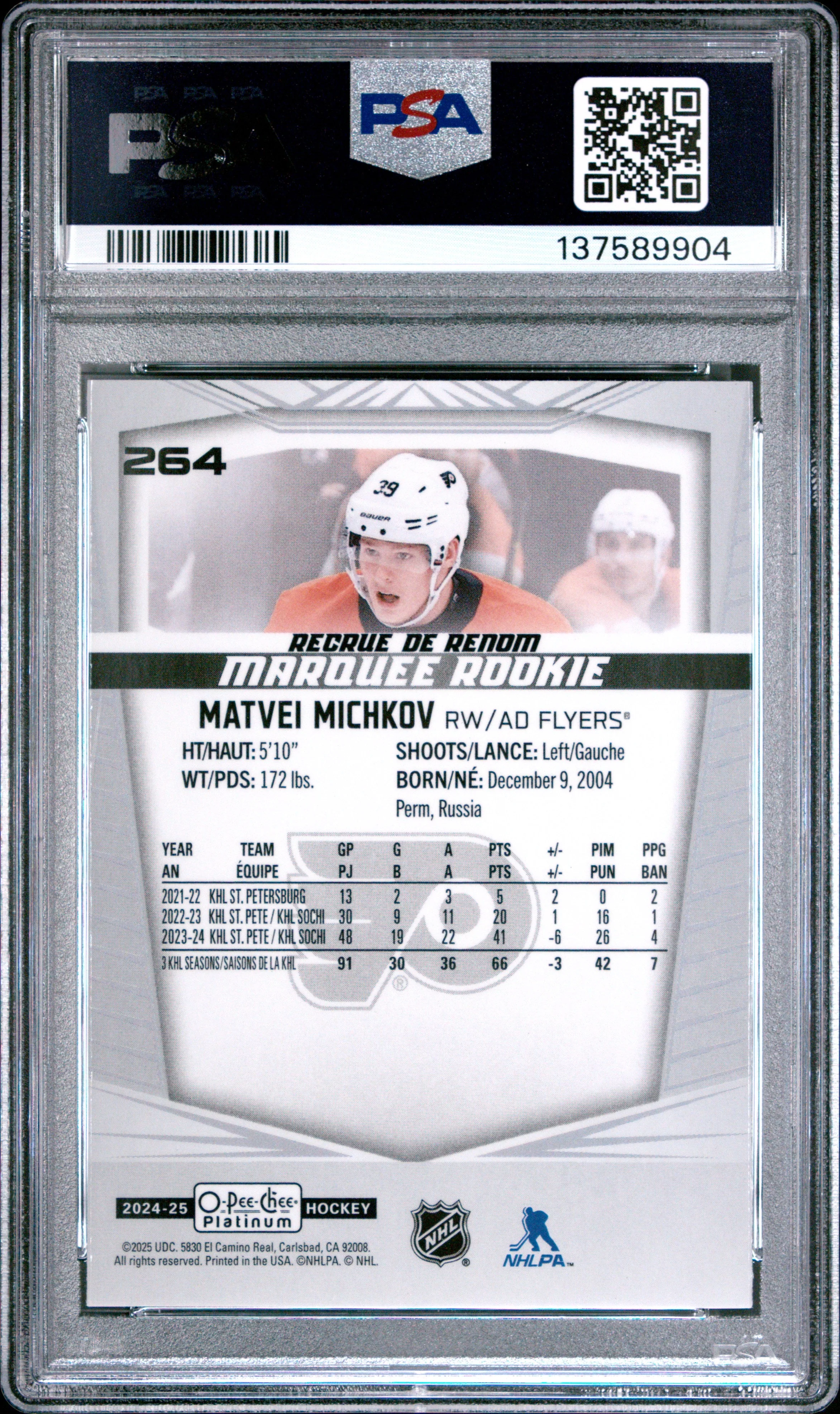 Graded 2024 O-Pee-Chee Platinum Matvei Michkov #264 Rookie RC Hockey Card PSA 10 Gem Mint - Image 2