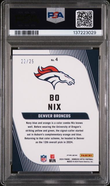 Graded 2024 Panini Donruss Optic Bo Nix #4 Primary Colors Purple Stars /25 Rookie RC Football Card PSA 10 Gem Mint - Image 2
