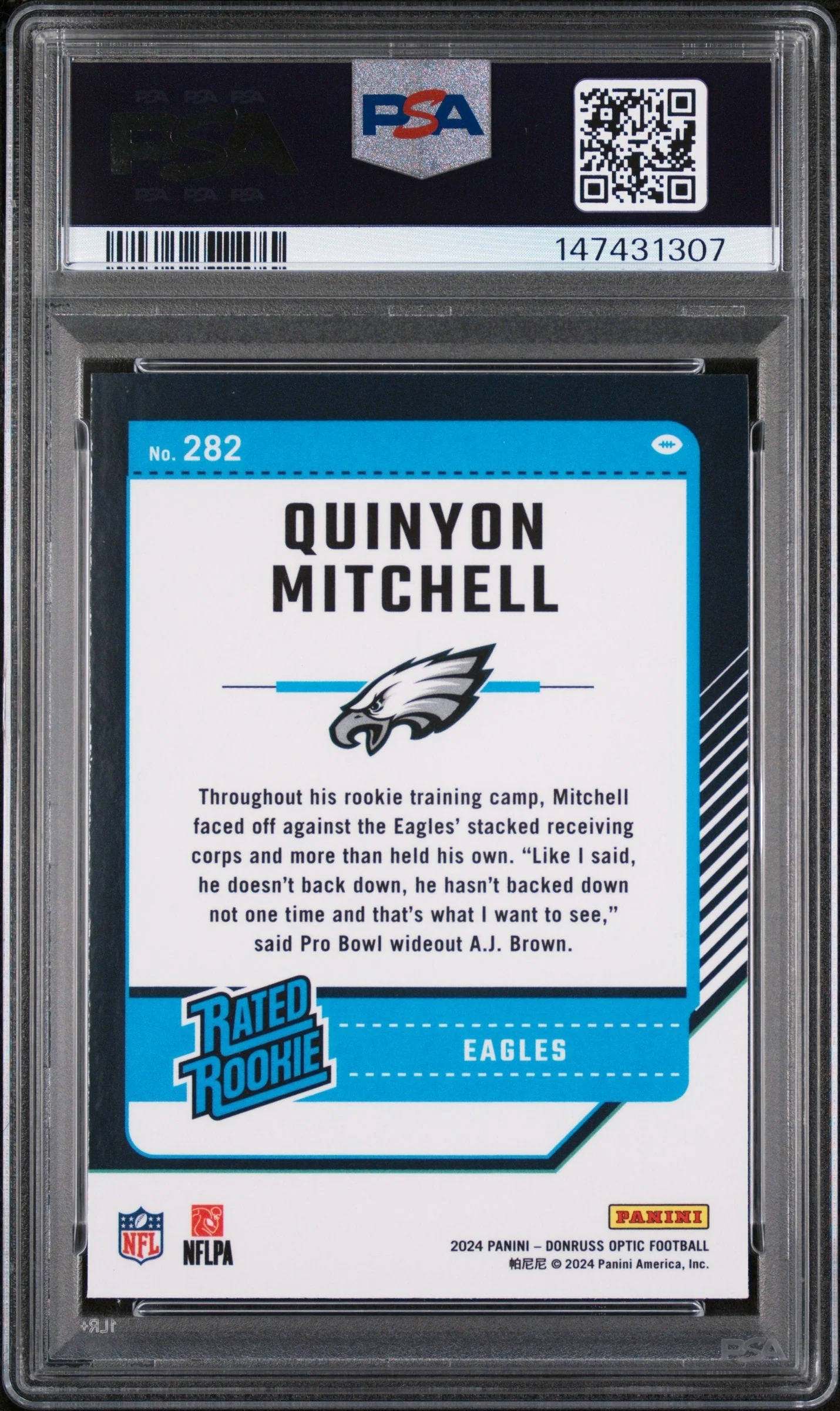 Graded 2024 Panini Donruss Optic Quinyon Mitchell #282 Rookie RC Football Card PSA 9 Mint - Image 2
