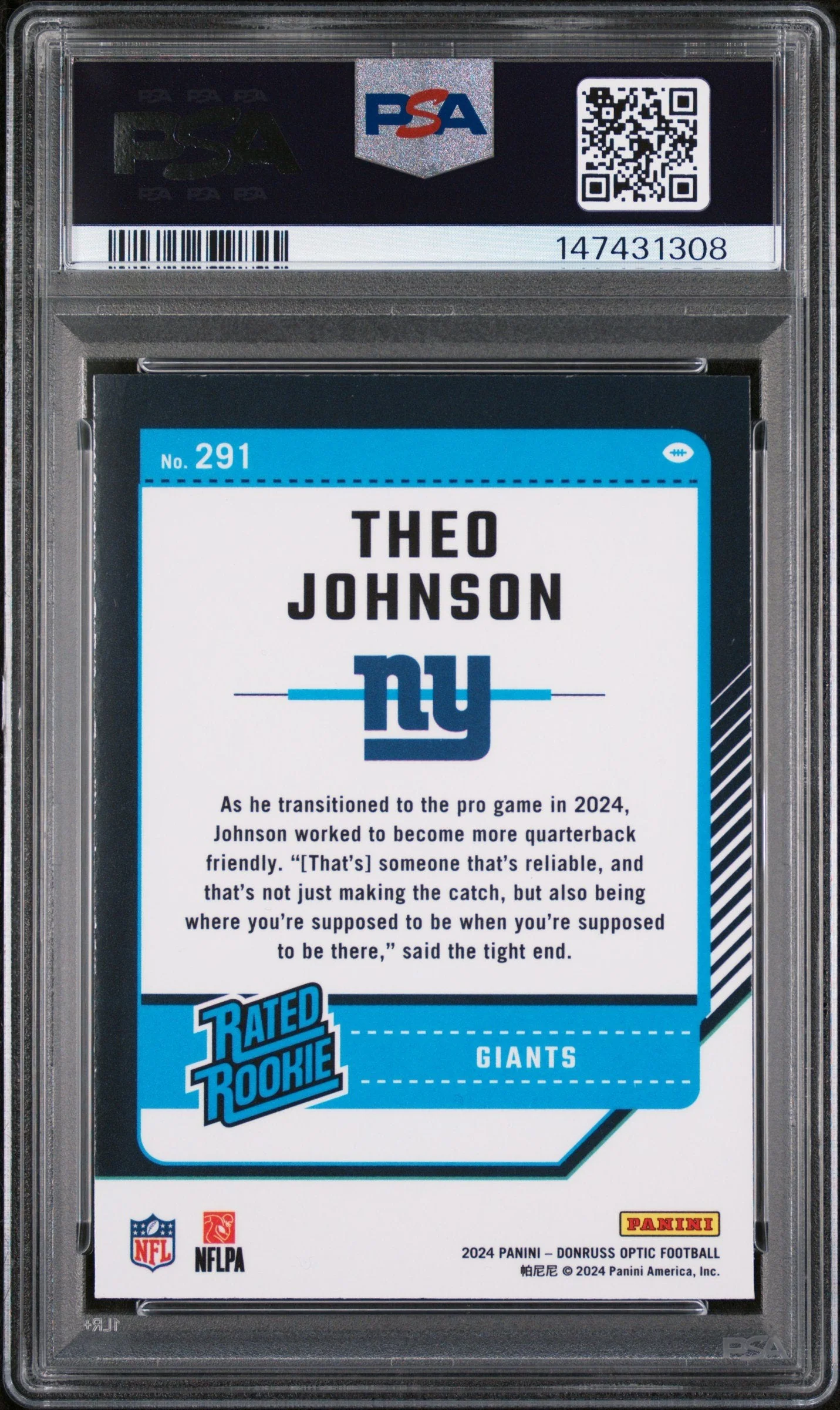 Graded 2024 Panini Donruss Optic Theo Johnson #291 Rookie RC Football Card PSA 8 Near Mint - Image 2