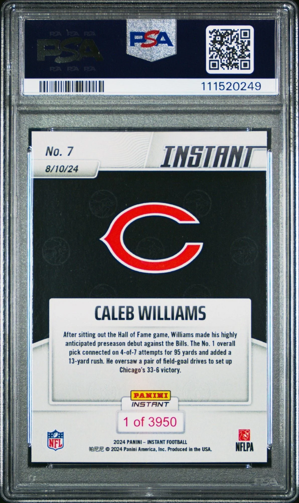 Graded 2024 Panini Instant Caleb Williams #7 Preseason Debut Rookie RC Football Card PSA 10 Gem Mint - Image 2
