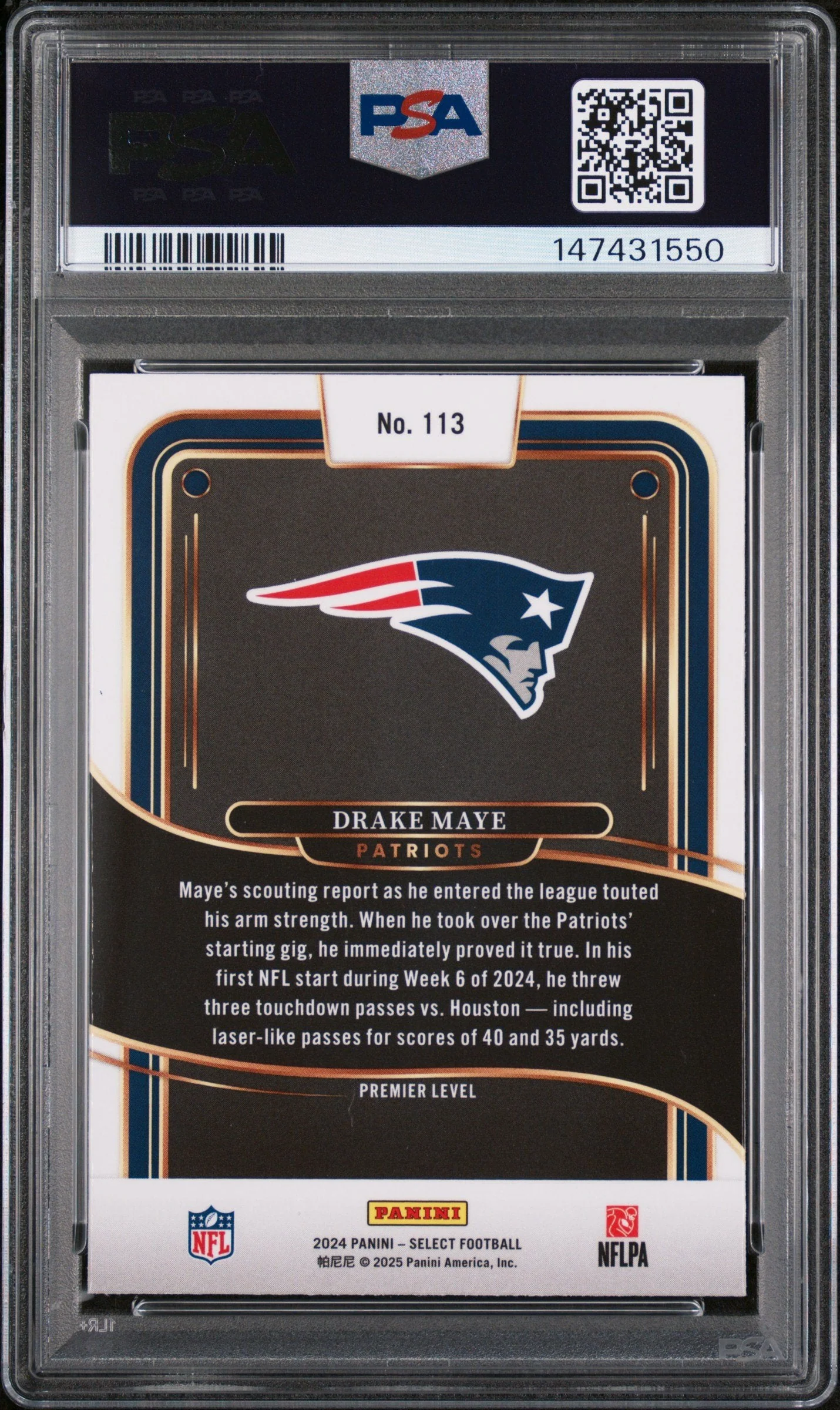Graded 2024 Panini Select Drake Maye #113 Rookie RC Football Card PSA 9 Mint - Image 2