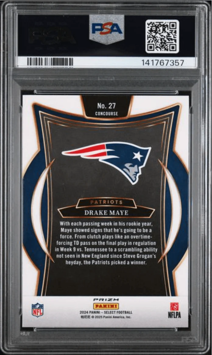 Graded 2024 Panini Select Drake Maye #27 Black & Blue Shock Rookie RC Football Card PSA 9 Mint - Image 2