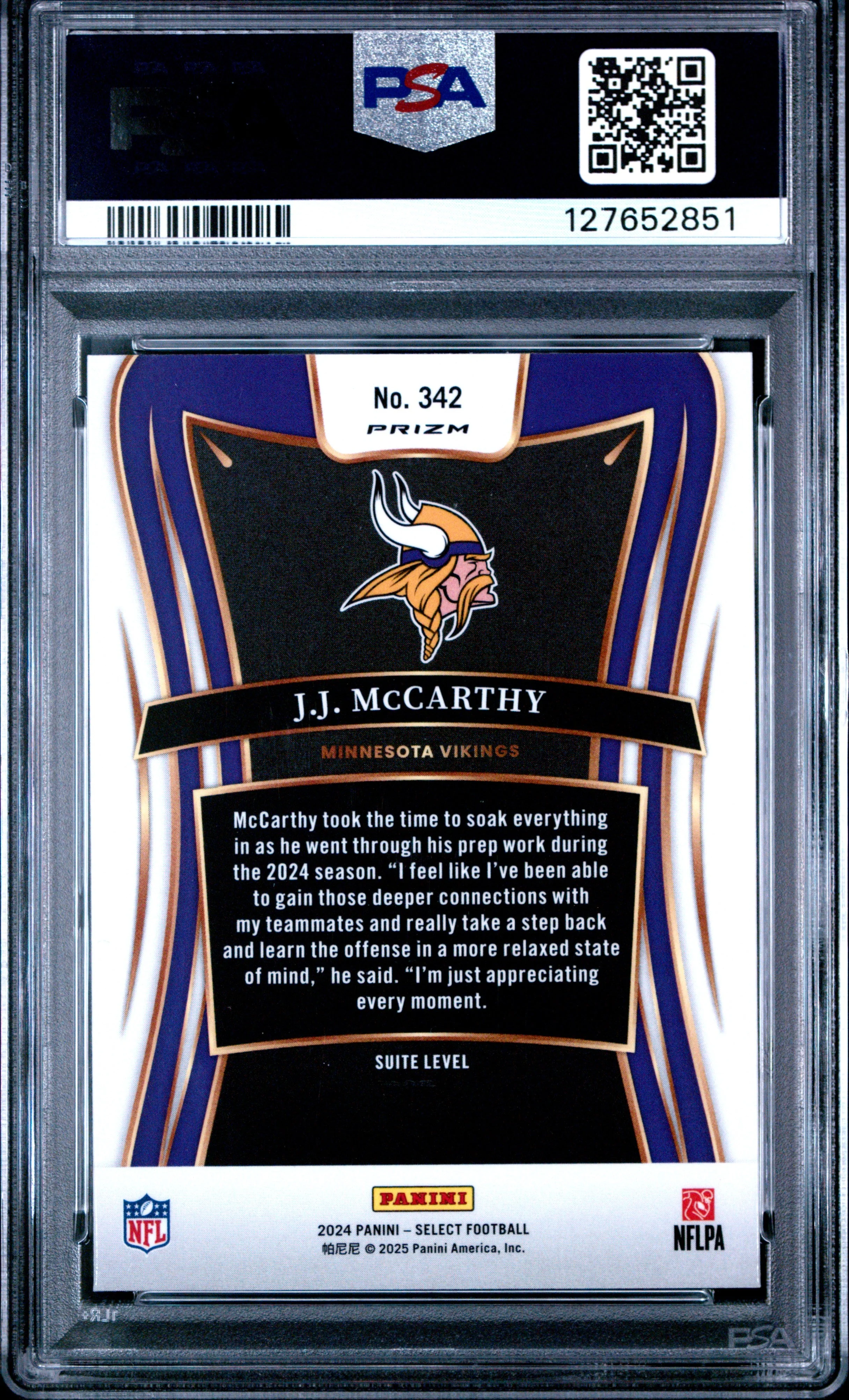 Graded 2024 Panini Select JJ McCarthy #342 Silver Prizm Rookie RC Football Card PSA 9 Mint - Image 2