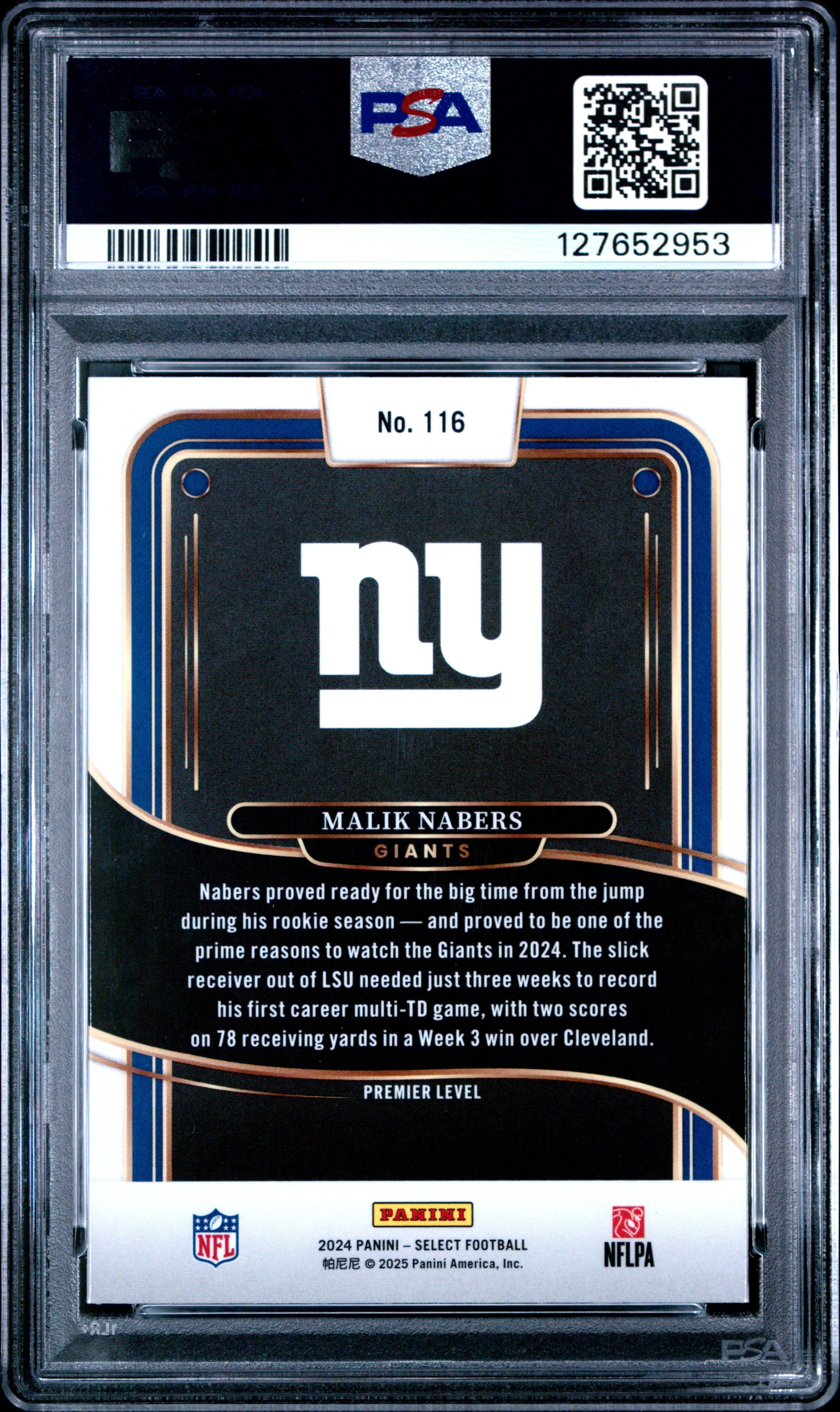 Graded 2024 Panini Select Malik Nabers #116 Rookie RC Football Card PSA 8 Near Mint - Image 2