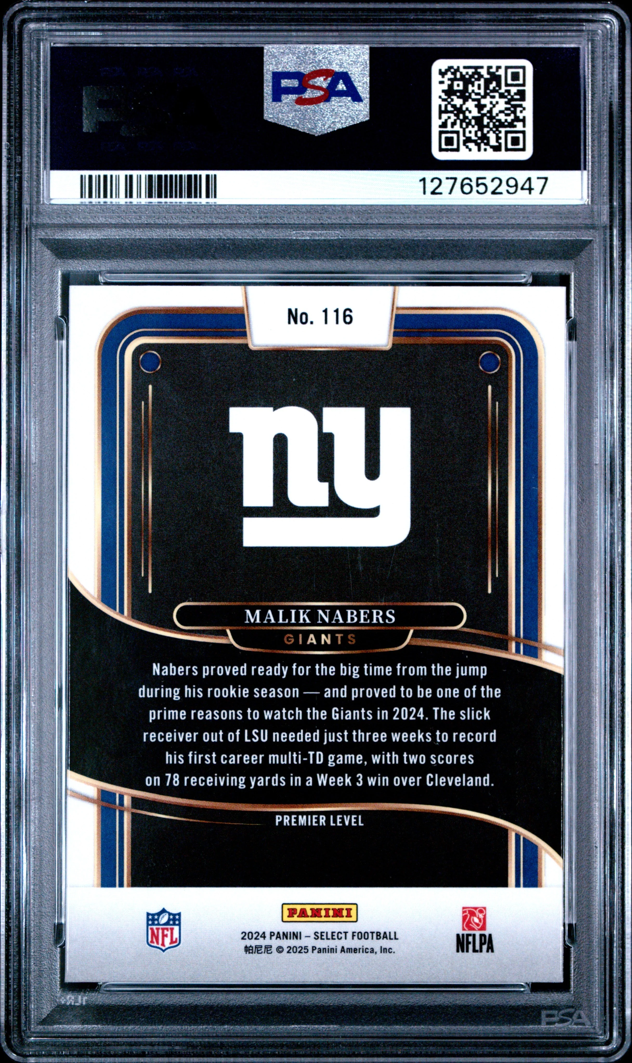 Graded 2024 Panini Select Malik Nabers #116 Rookie RC Football Card PSA 9 Mint - Image 2