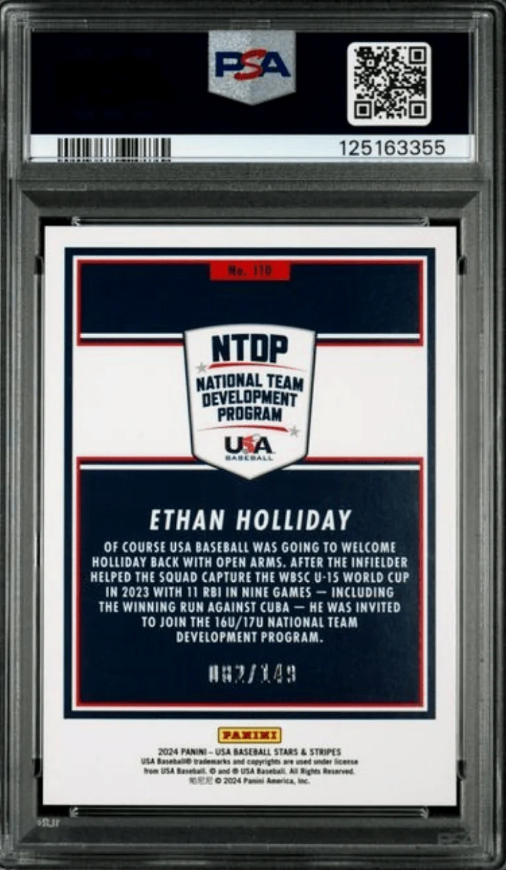 Graded 2024 Panini Stars & Stripes USA Ethan Holliday #110 Blue /149 Rookie RC Baseball Card PSA 10 Gem Mint - Image 2