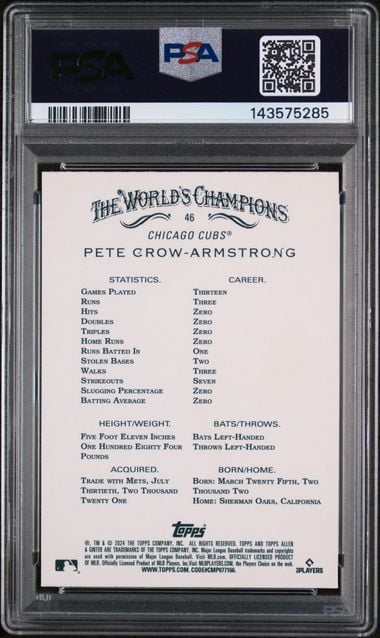 Graded 2024 Topps Allen & Ginter Pete Crow Armstrong #46 Chrome Rookie RC Baseball Card PSA 10 Gem Mint - Image 2