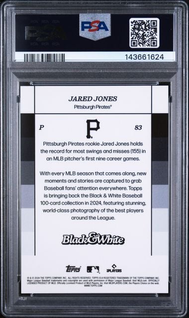 Graded 2024 Topps Black & White Jared Jones #83 /75 Yellow Rookie RC Baseball Card PSA 10 Gem Mint - Image 2