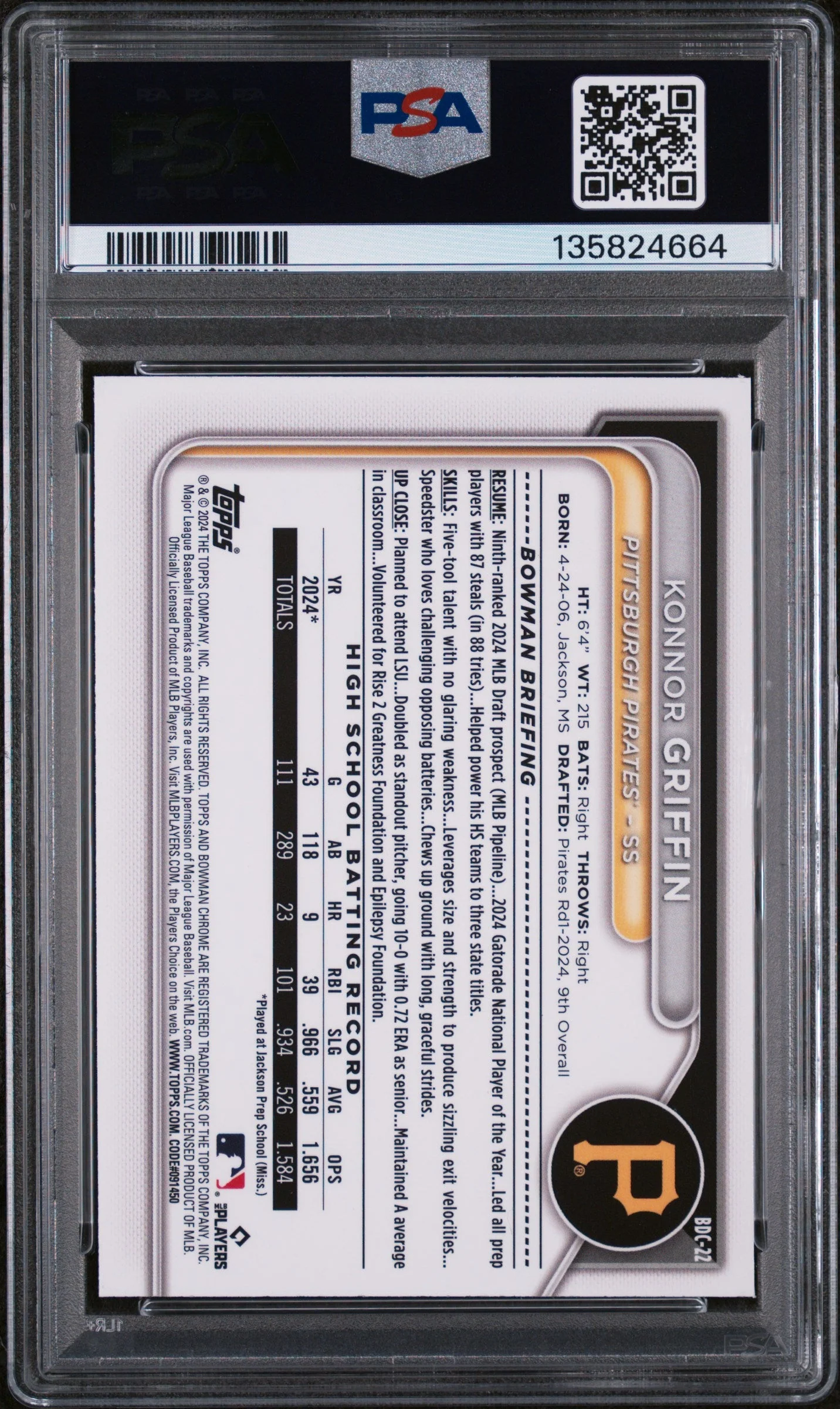 Graded 2024 Topps Bowman Draft Konnor Griffin #BDC22 Chrome Lunar Glow Refractor Rookie RC Baseball Card PSA 9 Mint - Image 2