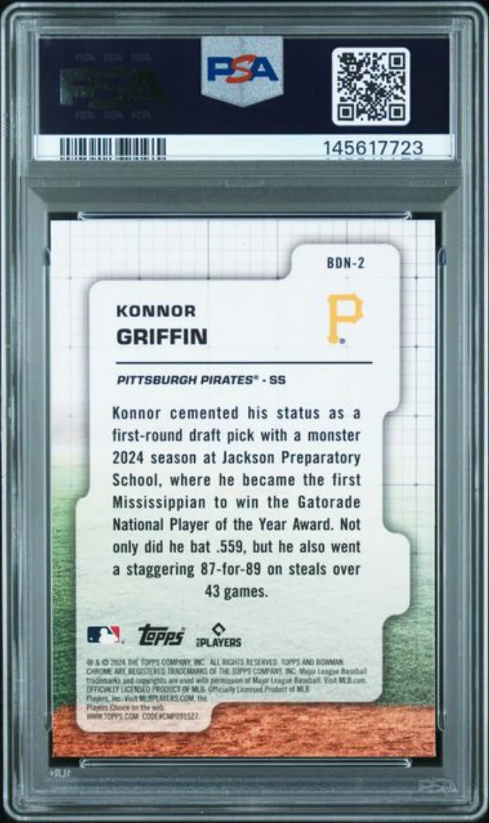 Graded 2024 Topps Bowman Draft Konnor Griffin #BDN2 Draft Night Rookie RC Baseball Card PSA 9 Mint - Image 2