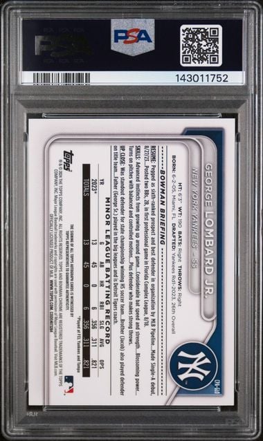 Graded 2024 Topps Bowman George Lombard Jr #CPAGLO Chrome Prospect Autograph 1st Bowman Rookie RC Baseball Card PSA 10 Gem Mint - Image 2