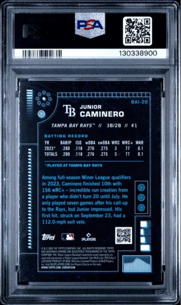 Graded 2024 Topps Bowman Junior Caminero #BAI20 AI Rookie RC Baseball Card PSA 10 Gem Mint - Image 2