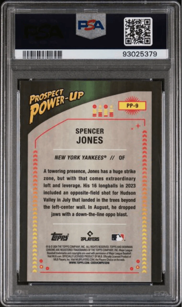Graded 2024 Topps Bowman Spencer Jones #PP9 Prospect Power Up Rookie RC Baseball Card PSA 10 Gem Mint - Image 2
