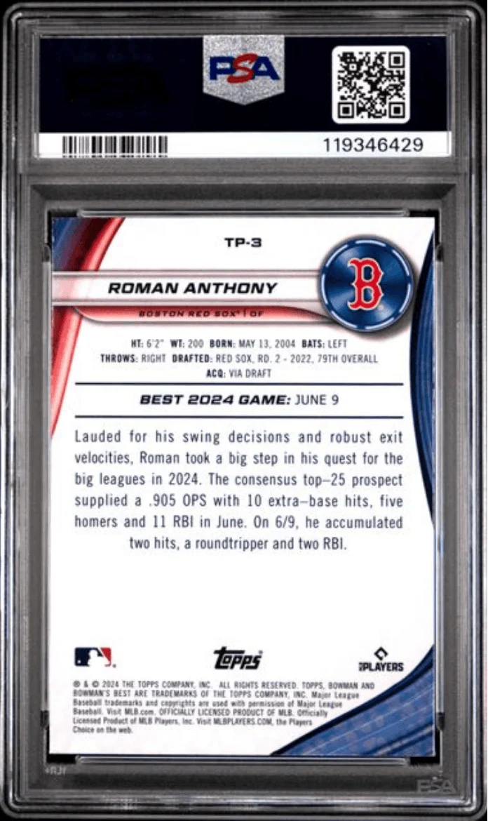 Graded 2024 Topps Bowmans Best Roman Anthony #TP3 Top Prospects Wave Rookie RC Baseball Card PSA 10 Gem Mint - Image 2