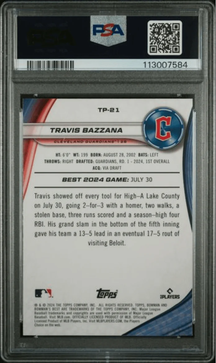Graded 2024 Topps Bowmans Best Travis Bazzana #TP21 Top Prospects Purple Refractor /250 Rookie RC Baseball Card PSA 10 Gem Mint - Image 2