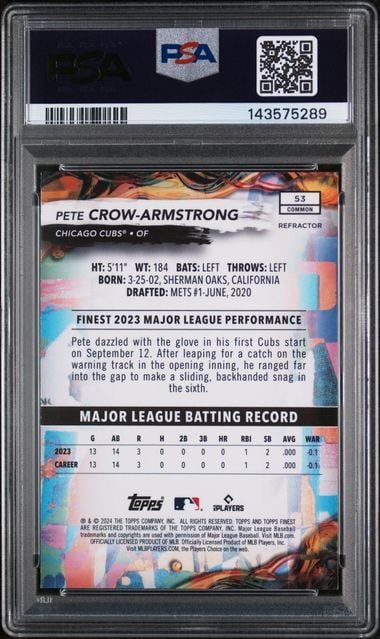 Graded 2024 Topps Finest Pete Crow Armstrong #53 Refractor Rookie RC Baseball Card PSA 10 Gem Mint - Image 2