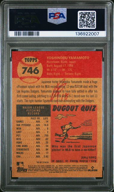 Graded 2024 Topps Living Yoshinobu Yamamoto #746 Rookie RC Baseball Card PSA 10 Gem Mint - Image 2
