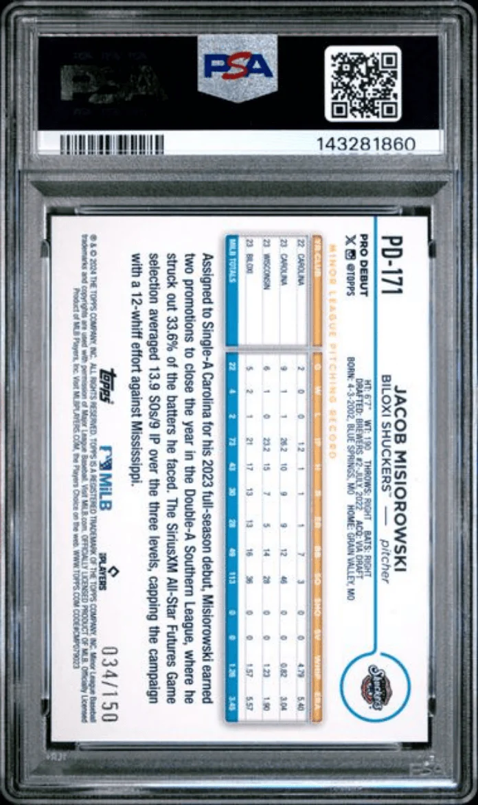 Graded 2024 Topps Pro Debut Jacob Misiorowski #PD171 Blue Foil /150 Rookie RC Baseball Card PSA 10 Gem Mint - Image 2
