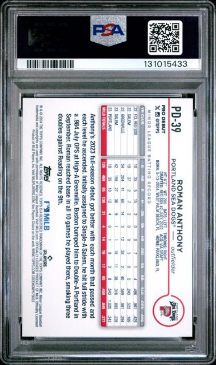 Graded 2024 Topps Pro Debut Roman Anthony #PD39 Rookie RC Baseball Card PSA 10 Gem Mint - Image 2