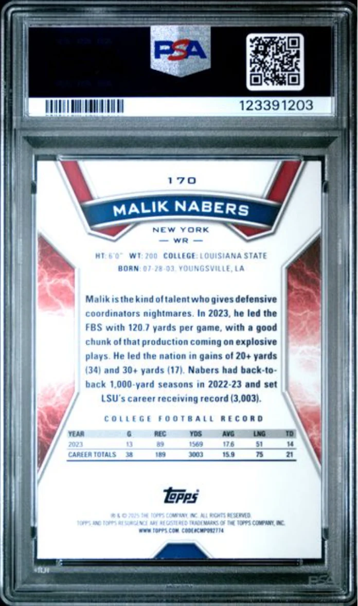 Graded 2024 Topps Resurgence Malik Nabers #170 Surge Refractor /399 Rookie RC Football Card PSA 10 Gem Mint - Image 2