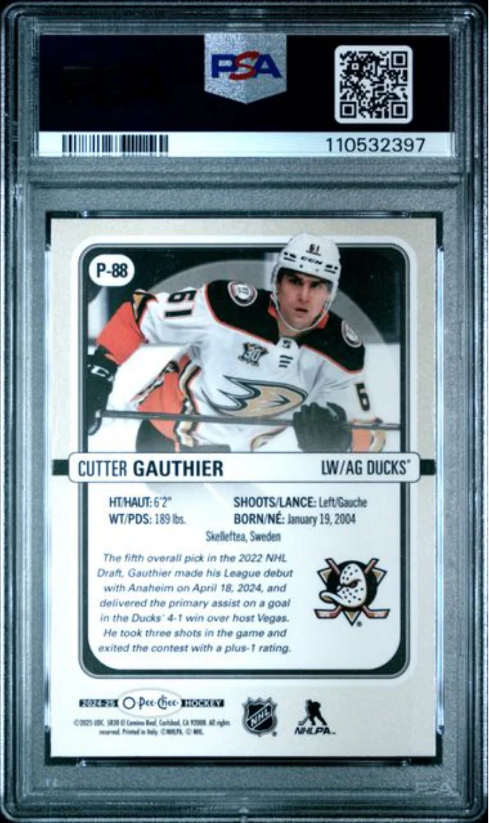 Graded 2024 Upper Deck O-Pee-Chee Cutter Gauthier #P88 Premier Rookie RC Hockey Card PSA 10 Gem Mint - Image 2