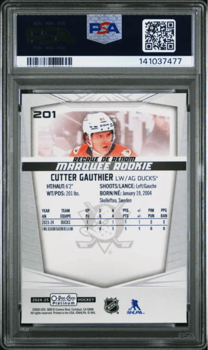 Graded 2024 Upper Deck OPC Platinum Cutter Gauthier #201 Rookie RC Hockey Card PSA 10 Gem Mint - Image 2