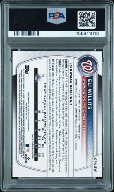 Graded 2025 Bowman Draft Sapphire Eli Willits #EW Chrome Prospect Green Auto /99 Rookie RC Baseball Card PSA 10 Gem Mint - Image 2