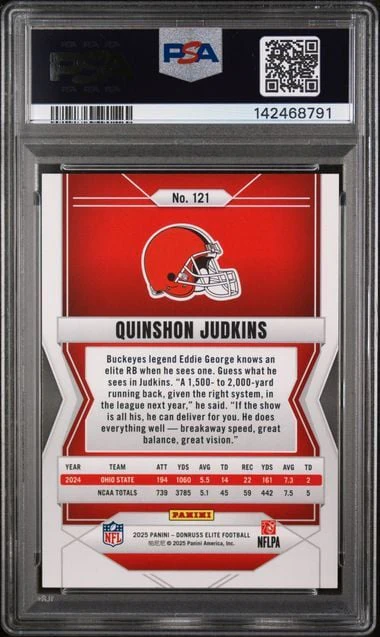 Graded 2025 Donruss Elite Quinshon Judkins #121 /849 Status Metallic Orange Rookie RC Football Card PSA 9 Mint - Image 2