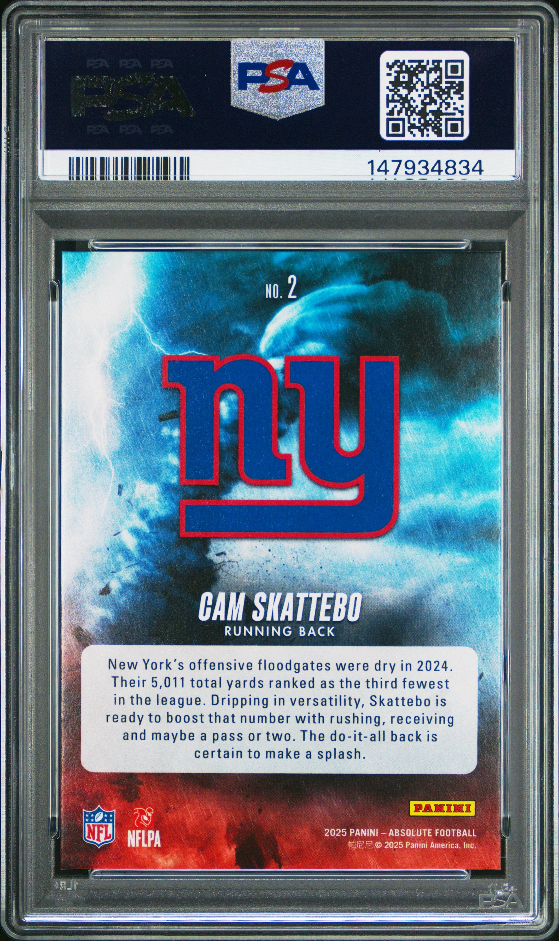 Graded 2025 Panini Absolute Cam Skattebo #2 By Storm Rookie RC Football Card PSA 8 Near Mint - Image 2