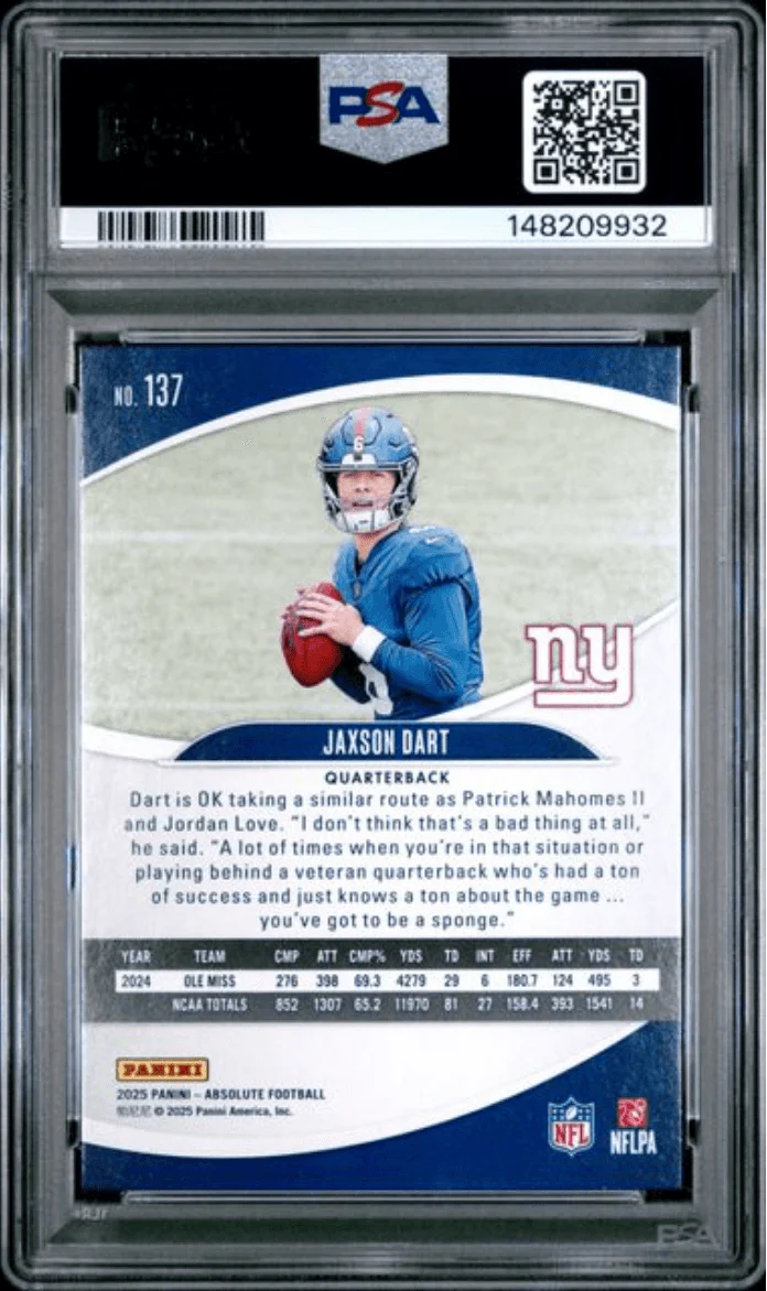 Graded 2025 Panini Absolute Jaxson Dart #137 Rookie RC Football Card PSA 9 Mint - Image 2