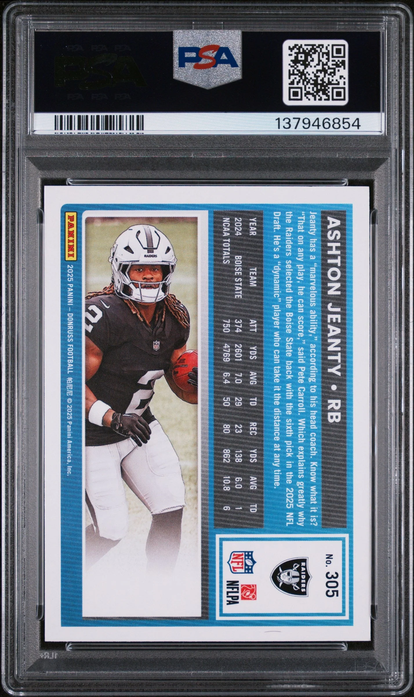 Graded 2025 Panini Donruss Ashton Jeanty #305 Rookie RC Football Card PSA 9 Mint - Image 2