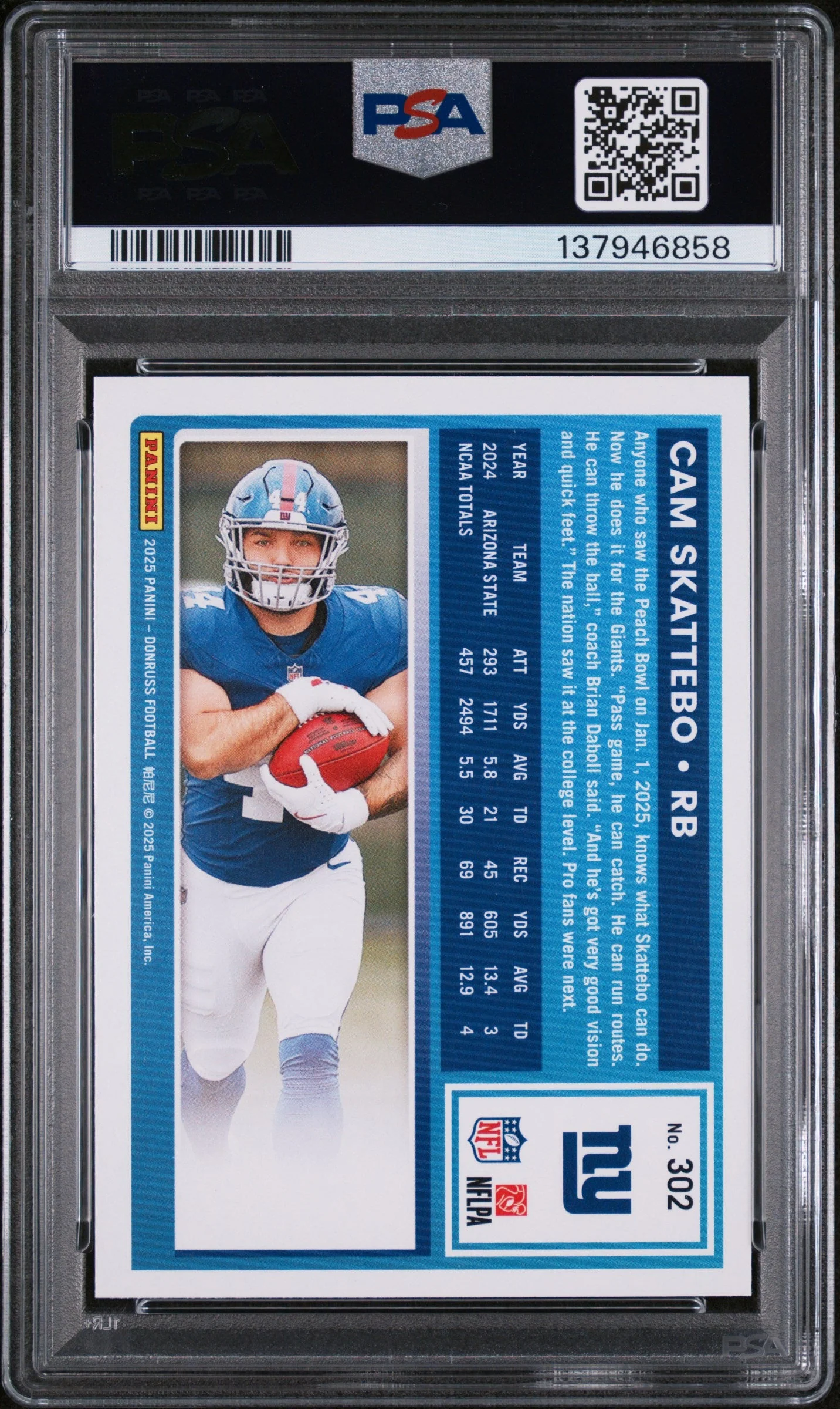 Graded 2025 Panini Donruss Cam Skattebo #302 Rookie RC Football Card PSA 9 Mint - Image 2