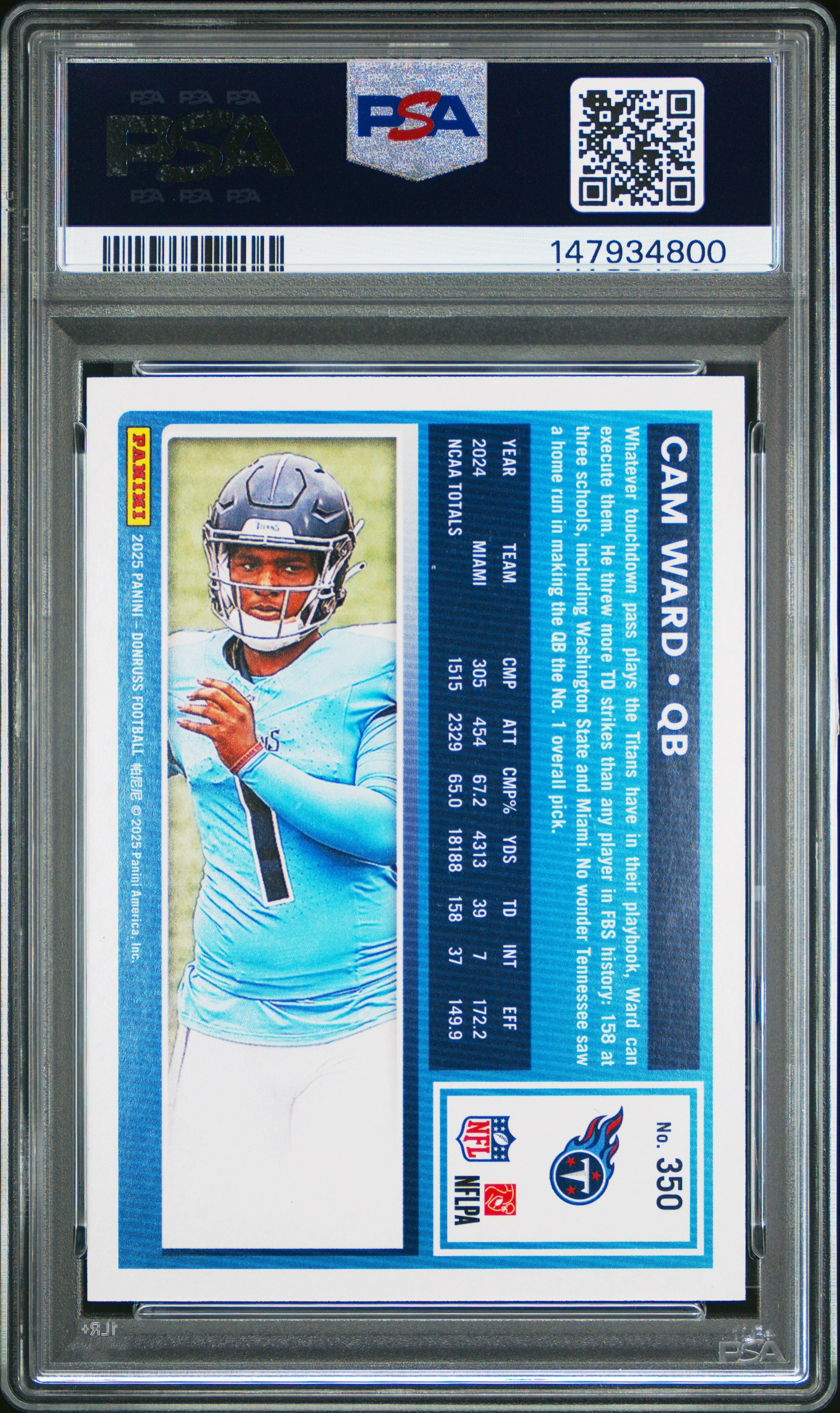 Graded 2025 Panini Donruss Cam Ward #350 Press Proof Silver /199 Rookie RC Football Card PSA 9 Mint - Image 2