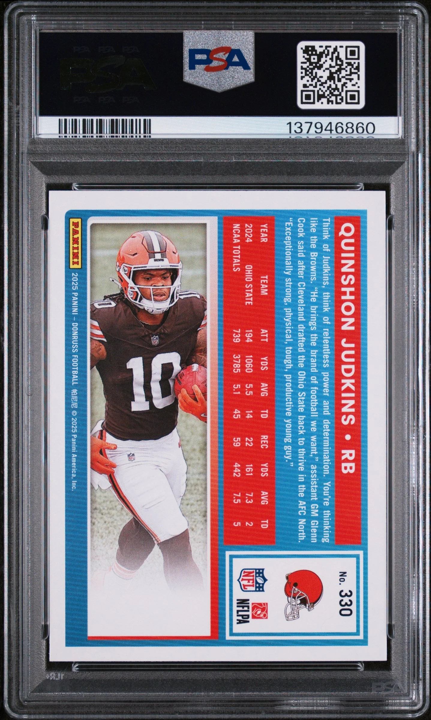 Graded 2025 Panini Donruss Quinshon Judkins #330 Rookie RC Football Card PSA 9 Mint - Image 2