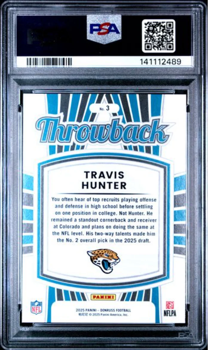 Graded 2025 Panini Donruss Travis Hunter #3 Rated Rookies Throwback Rookie RC Football Card PSA 10 Gem Mint - Image 2