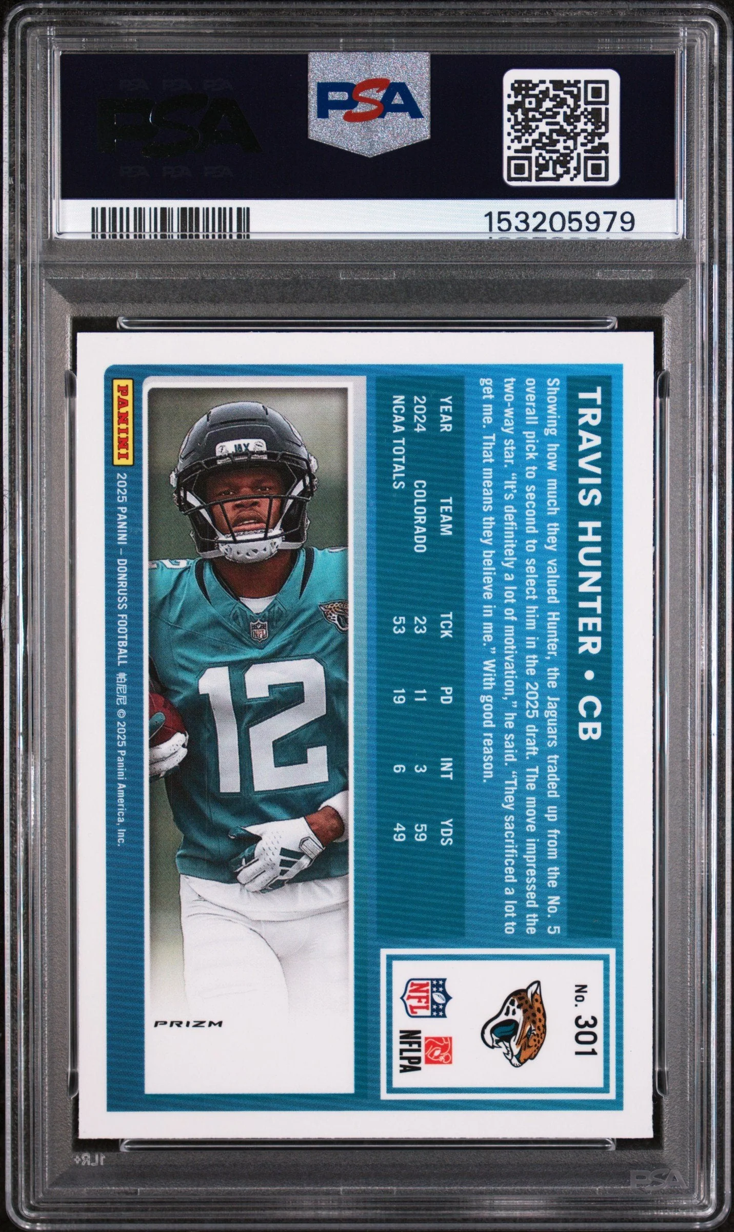 Graded 2025 Panini Donruss Travis Hunter #301 Optic Preview Red Wave Rookie RC Football Card PSA 6 Excellent - Image 2