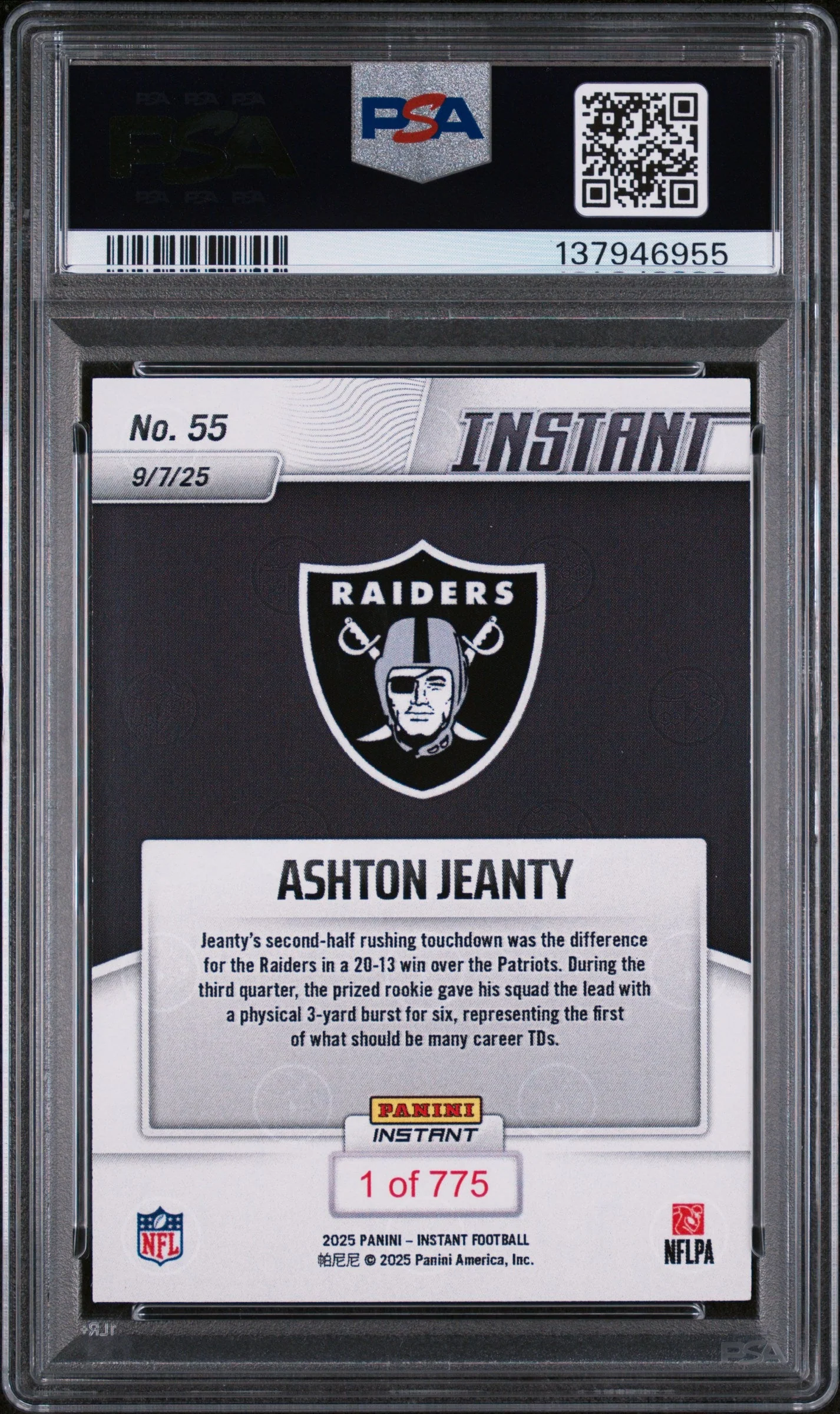 Graded 2025 Panini Instant Ashton Jeanty #55 Rookie RC Football Card PSA 10 Gem Mint - Image 2