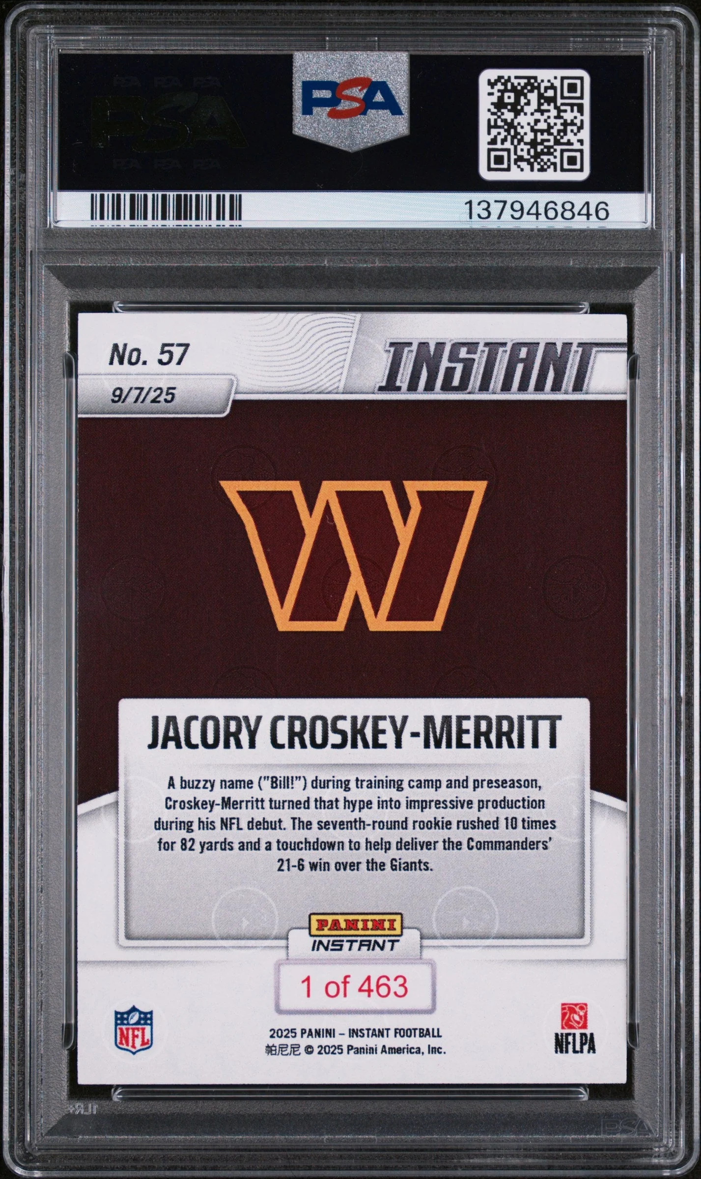 Graded 2025 Panini Instant Jacory Croskey-Merritt #57 Rookie RC Football Card PSA 9 Mint - Image 2