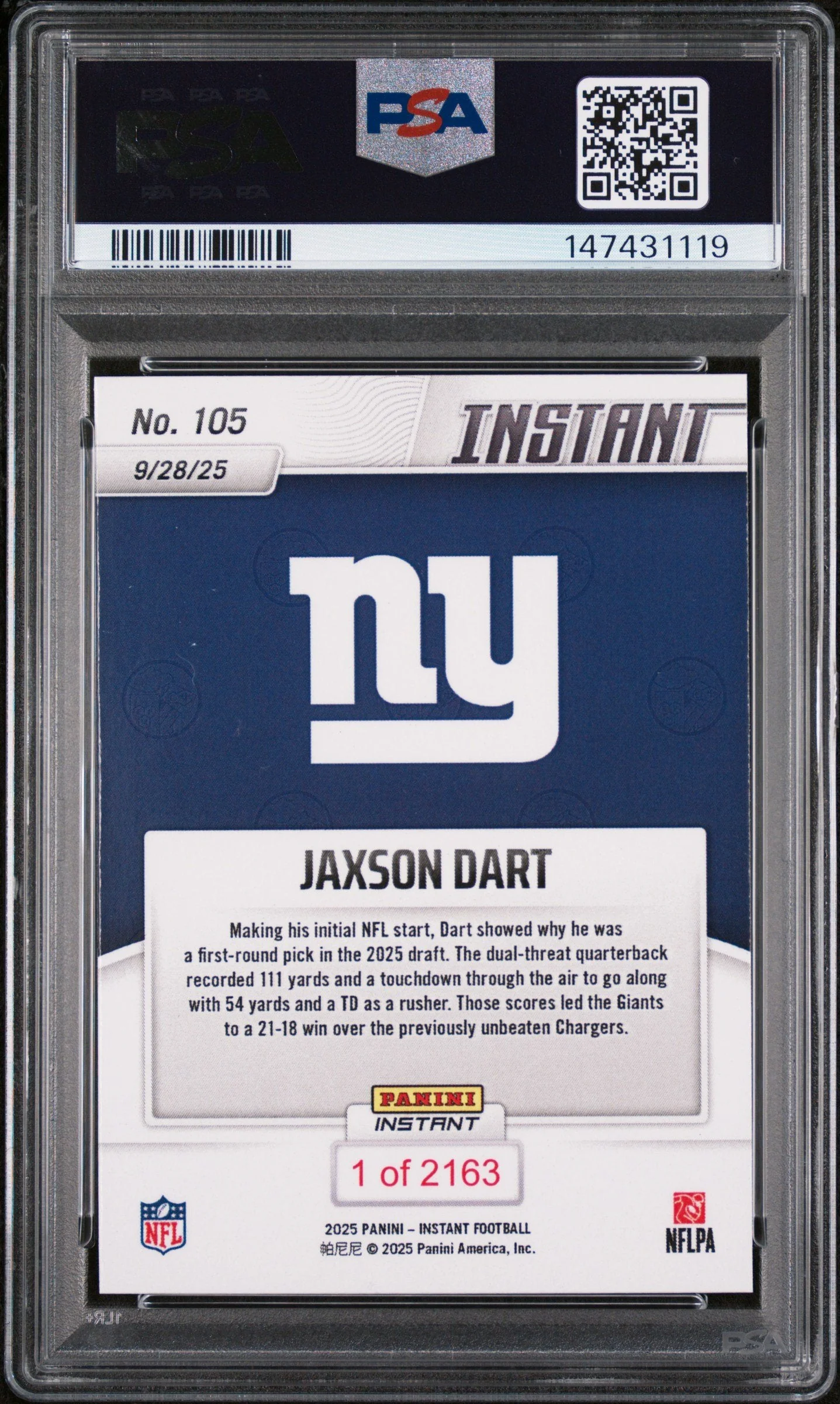 Graded 2025 Panini Instant Jaxson Dart #105 Rookie RC Football Card PSA 10 Gem Mint - Image 2