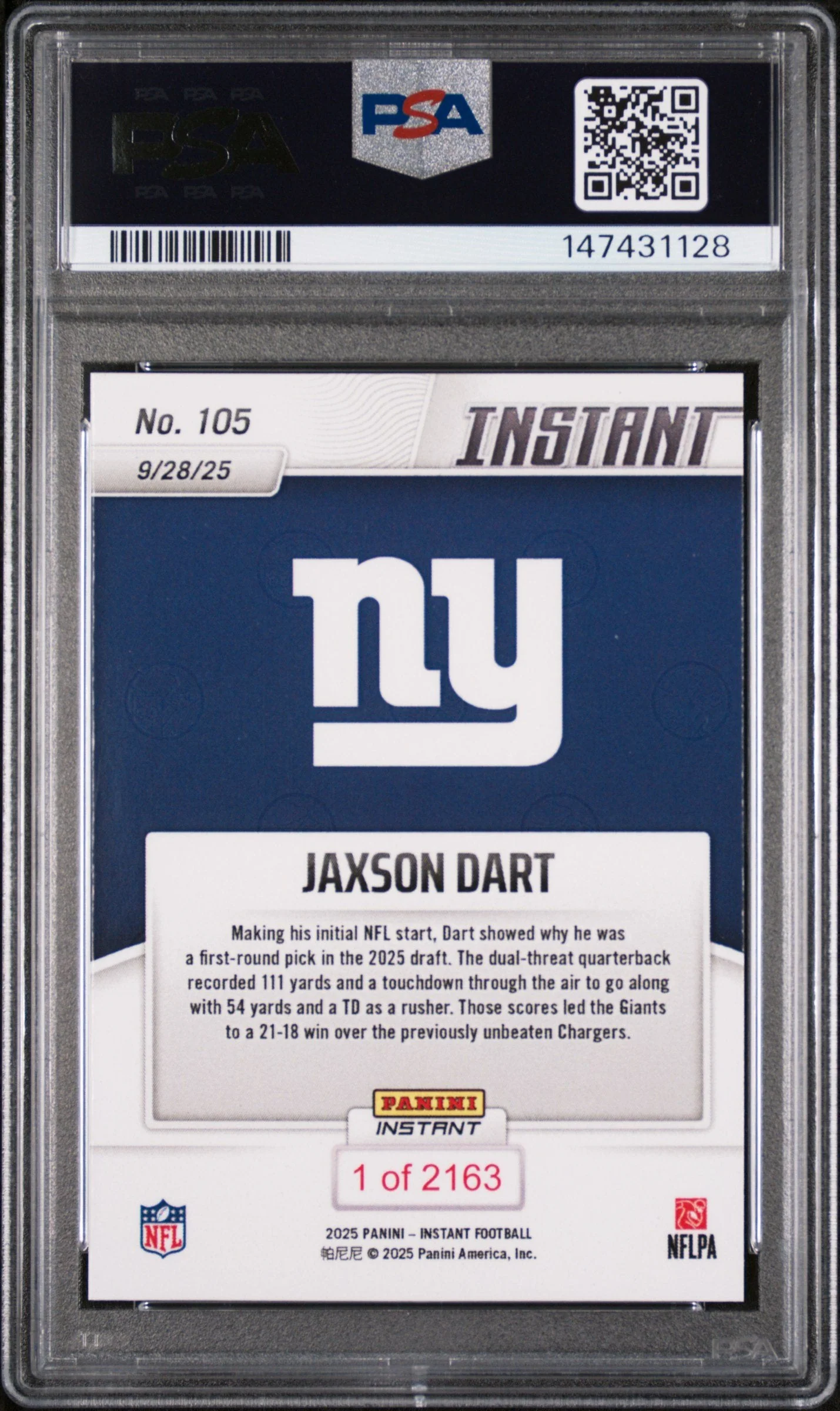 Graded 2025 Panini Instant Jaxson Dart #105 Rookie RC Football Card PSA 9 Mint - Image 2